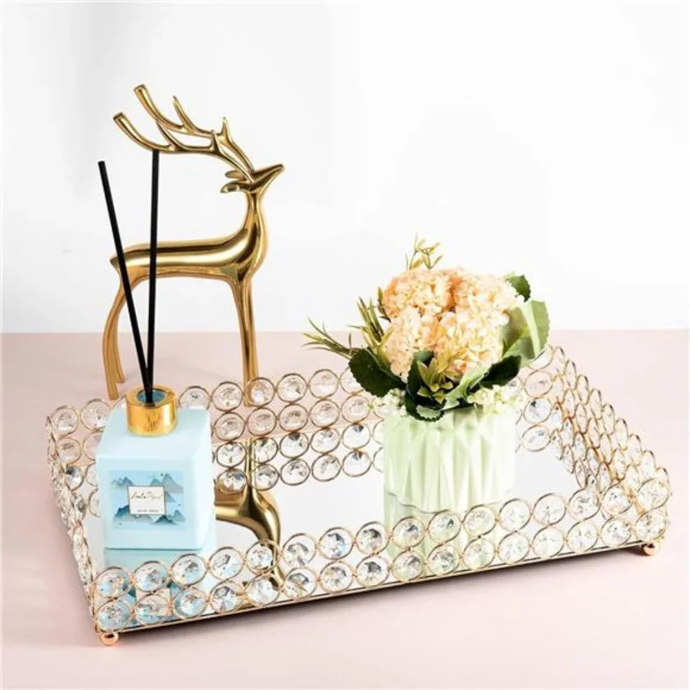 Large Crystal Rectangle Mirrored Tray Cosmetic Vanity Tray Organizer Tray